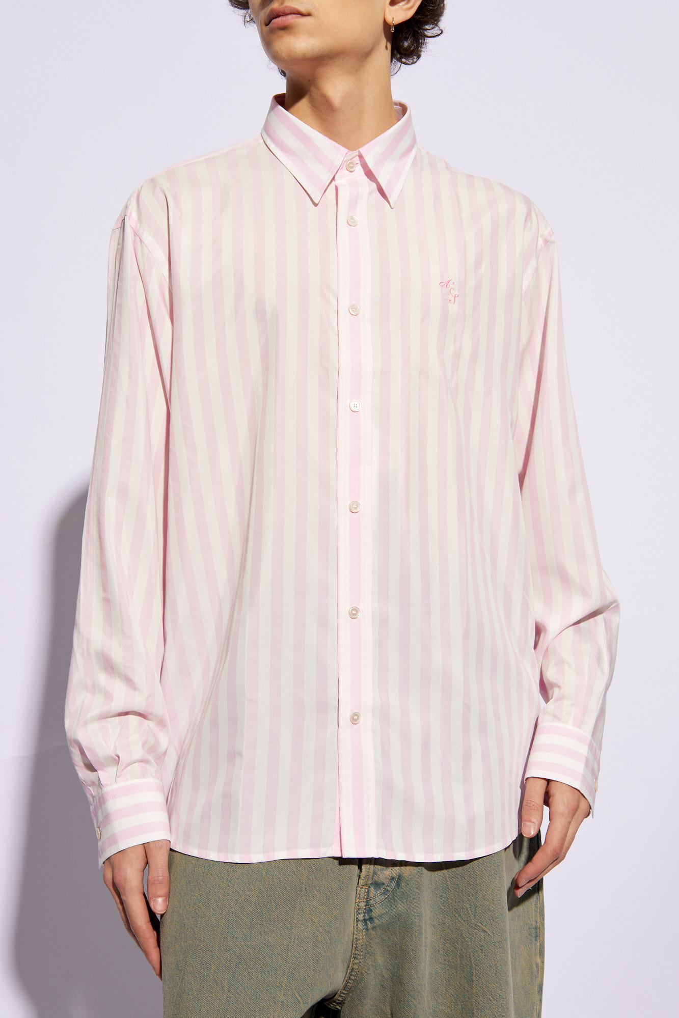 Acne Men's Pink & White Slim Stripe Button store Down Shirt- 54